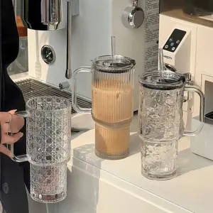 Large Capacity Glass Water Bottle with Handle and Straw for Women, High Aesthetic Office Coffee Cup, Leakproof BPA Free, Drinkware