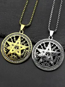 Tetragrammaton Jewish Hebrew Necklace for Women Men Stainless Steel Rhinestones Star Pentagram Talisman Chain