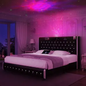 Queen Modern Wingback Upholstered Platform Bed Frame With Smart Galaxy Projector, LED Frame, Noise-Free Sturdy Design, Star Accent Headboard, No Box Spring Needed, PU Black Brown Stripe Luxury Recliner Sofa Set Print Girls Vanity Modular Corduroy Cloud