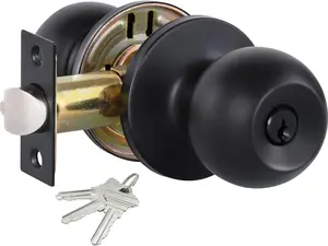 Matte Black Door Knobs with Lock and Keys, Interior/Exterior Door Knob for Bedroom or Bathroom, Entry Door Lock