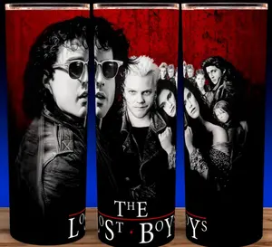 The Lost Boys 80s Vampire Movie Classic Cup Mug Tumbler 20oz Stainless Steel Tumbler with Slide Closure Lid, Reusable Plastic Straw, Handmade Design - Drinkware. Perfect for Movie and Vampire Fans!