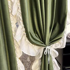 French Vintage Design Lace Window Curtain with Wood Trim, American Velvet Fabric, Home Living Room Bedroom Study Drapes, No Ca Prop 65