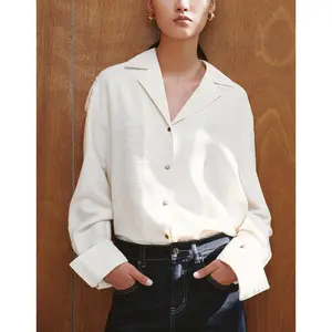 URBAN REVIVO 2026 Spring Women's Minimalist Loose Viscose-Polyester Textured Top, Button-Down Long-Sleeve Casual Fit Blouse (UWG240001)