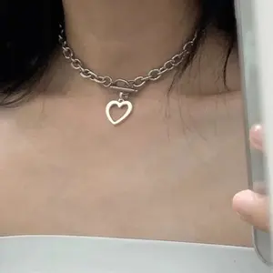 New Retro Punk Ins Blogger Heart Pendant Metal Texture Exaggerated Thick Chain Hip Hop Style Necklace Stainless Steel