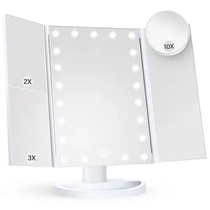 Makeup Mirror Vanity Mirror with Lights, Bathroom Adjustable Brightness Mirrors 1X/2X/3X/10X Magnification and Touch Screen Trifold Makeup Mirror Two Power Supply Modes Women Gift White