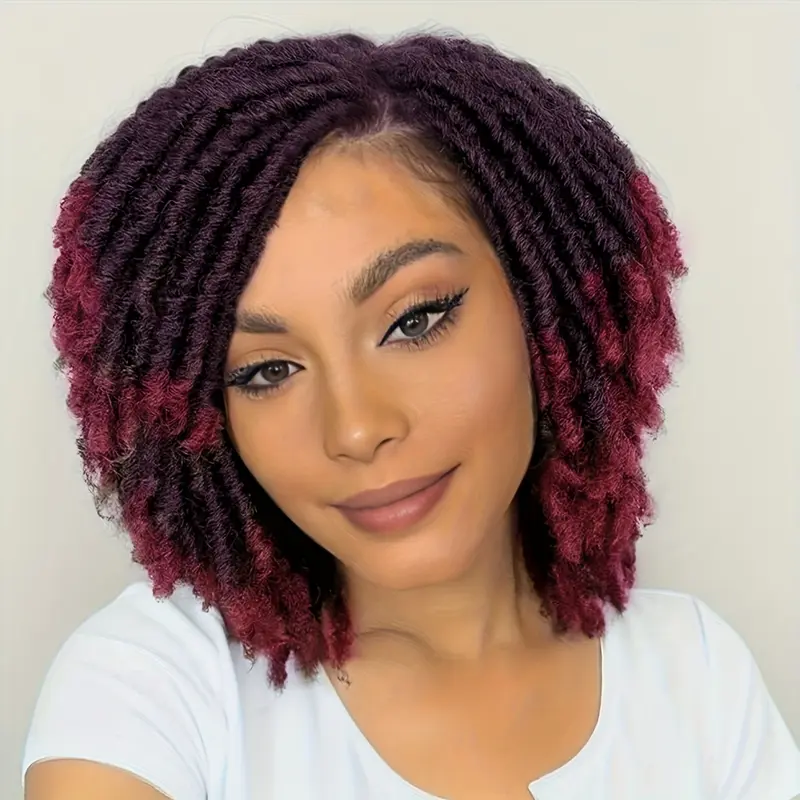 Dreadlock Wig Short Twist Burgundy Wig For Black Women And Afro Curly Synthetic Dreads Wig Ombre Burgundy Side Part Wig Afro Bomb Curly Wig Twist Out Wig Kinky Synthetic Full Wigs For Black Women Christmas Cosplay Wigs