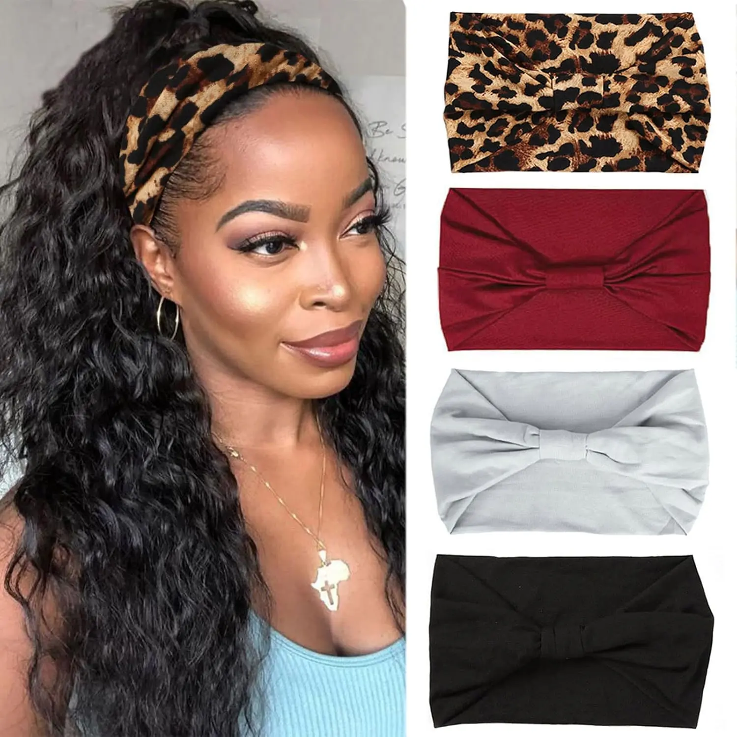 Women's Boho Headbands - Wide Printed Knotted Turban, Stretchy Workout Adjustable Headgear Headbands, Non-Slip Elastic Hair Wrap for Yoga, Sports Accessories, Stretchy Headbands