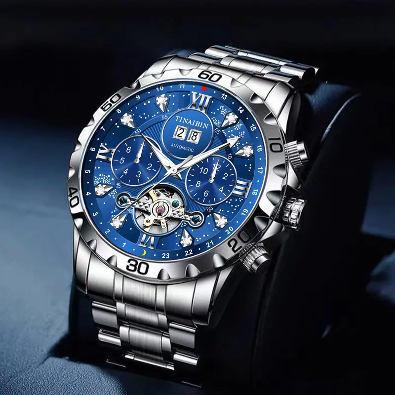 TINAIBIN Luxury Diamond-Inlaid Men's Mechanical Watch with Swiss Original Movement, featuring dual calendar function, sapphire crystal glass, stainless steel strap, and luminous waterproof design.
