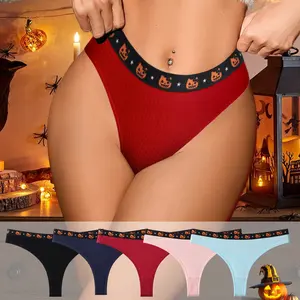 Hotcom Women's 5-Piece Comfortable Pure Cotton Low-Waist Festival Pumpkin Print Sexy Thongs - Character Themed, Bulk, Assorted Color Underwear for Everyday & Festival Wear