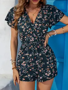 Women's Ditsy Floral Aesthetic Vacation Boho Style Jumpsuit Romper, Small Flower V Neck Sleeveless Dress Pants Set, Waist Cinching Slim Fitted Fit Short Sleeves Shorts