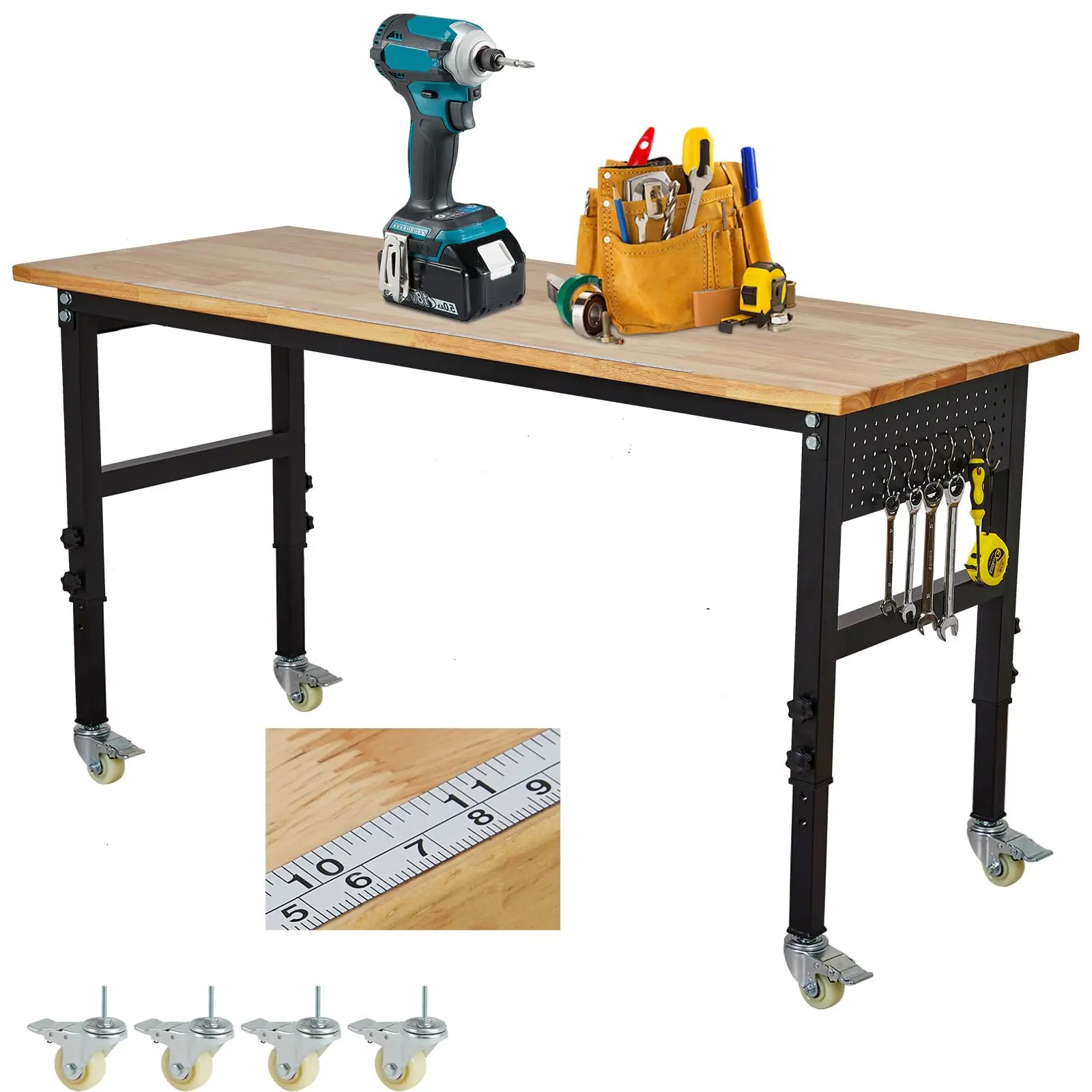 GARVEE 48" Height-Adjustable Rubber Wood Workbench, 2000 Lbs Capacity Heavy-Duty Workstation with Wheels, Pegboard & Peg System Tool Racks & Bars for Garage Tool Storage, Mechanics’ Use, 29"-40" Height Range