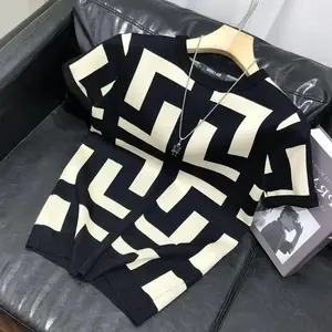 Spring Autumn Men's Slim Fit Geometric Base Layer T-shirt Casual Trendy Short Sleeves Knit Top Summer Wear T-shirt For Men Streetwear Stylish