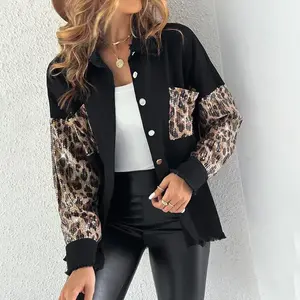 Women's Colorblock Sequin Patchwork Long Sleeve Jacket Top Button Front Raw Hem Shacket(Sheets)