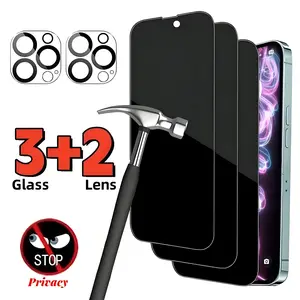 3+2pcs Full Cover Anti-Spy Screen Protector for  iPhone 17 Pro Max /16/15 /14/13/12/11,/16E with Full Screen Stickers and 2 Lens Protective Films，and 14 15 Plus Series Anti-Spy Glossy Shield HD Clarity 9H Hardness Easy Installation