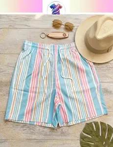 Pastel Stripe Beach Shorts Men Women Blue Pink Aesthetic Swim Trunks Summer Casual Loose Boardshorts Vacation Pool Party Spring Festival Coastal Retro Streetwear Outfit