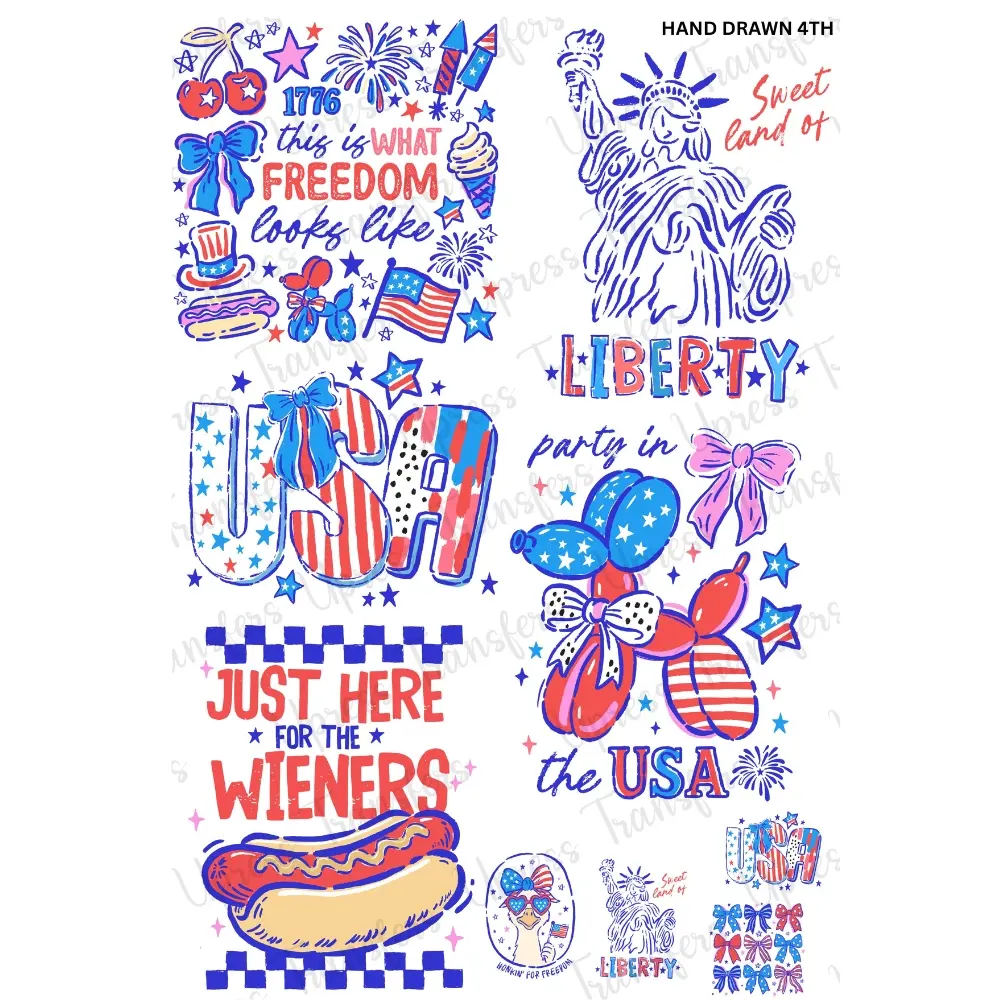 Hand Drawn 4th Mini DTF Transfer Gang Sheet 24.5" wide x 36" long Direct To Film