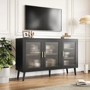 GARVEE Buffet Cabinet with Storage: 48" Large Sideboard, Modern Console Stand with 3 Glass Doors, Black Finish for Living Room Elegance and Functionality