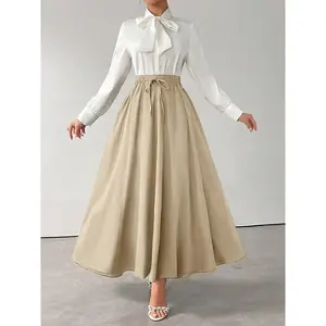 Women’s Korean-Style A-Line Slim-Fit Long Skirt with Elastic Waistband, New Design, Solid Color, Suitable for All Seasons, Fashionable Half-Sleeve Dress