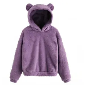 Cute Bear Ear Hoodie Long Sleeve Soft Warm Wool Home Wear Unisex Beige Khaki Solid Color Women Tops Casual Sweatshirt