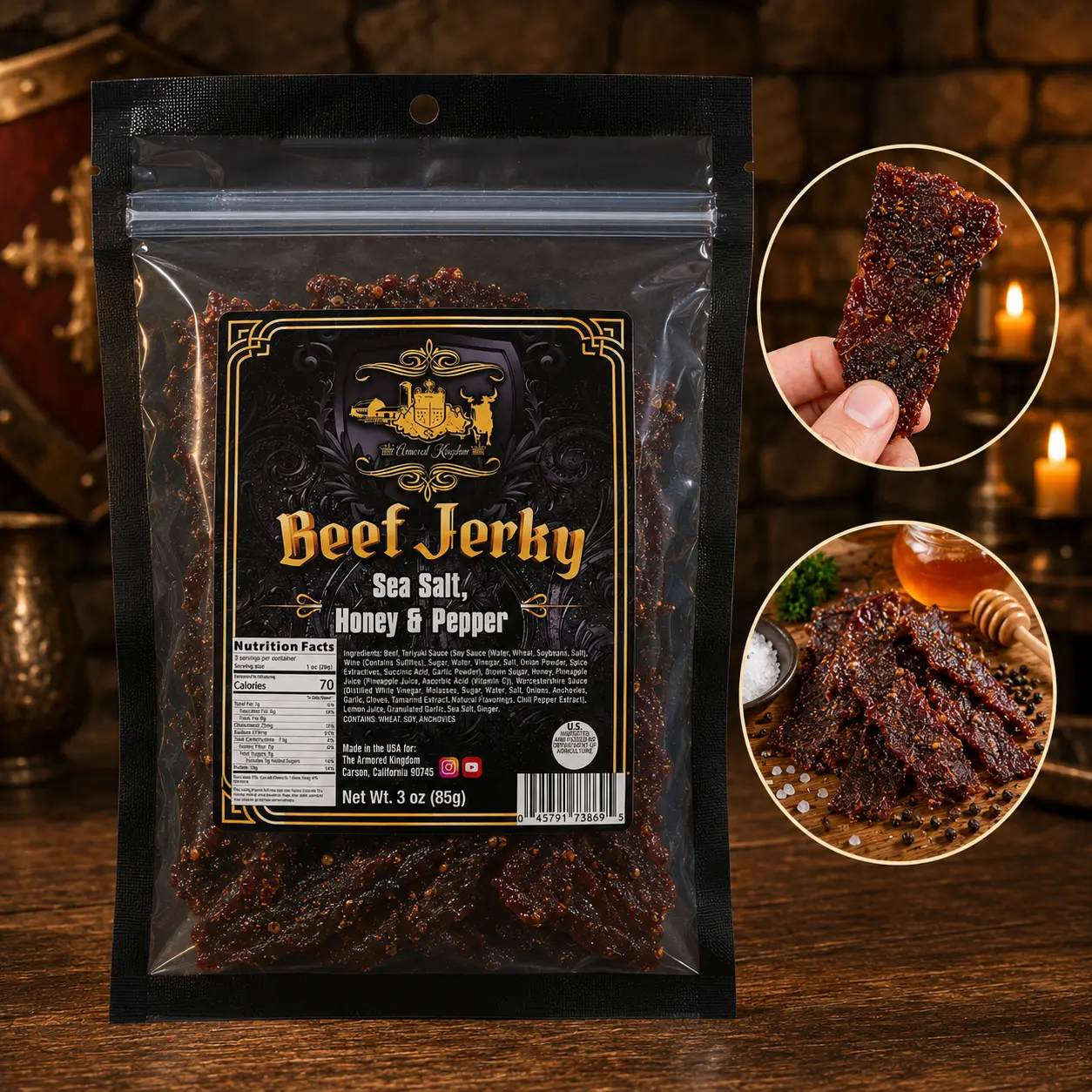 The Armored Kingdom Gourmet Sea Salt, Honey & Pepper Beef Jerky-3oz-High Protein Dry Snack