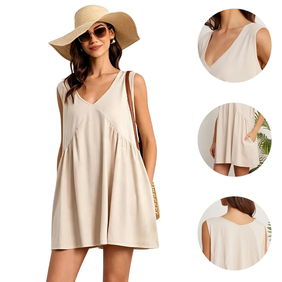 Women's Summer Sleeveless V Neck Shift Dress, Casual Loose Flowy Ruffle Hem A Line Mini Swing Tunic Dress Beach Vacation Party