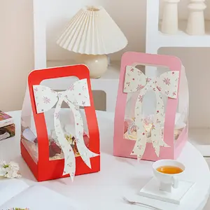 Christmas Valentine's Day Couple Gift Box Bowknot 4 Pieces Handheld Cupcake Box Decoration Packaging Box Transparent Gift Box Cake Box Birthday Gift Box