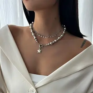 Necklace Stars Pendant Double Layer Silver Beaded Exaggerate Beads Bracelet Smooth Women Bangle Jewelry Sets