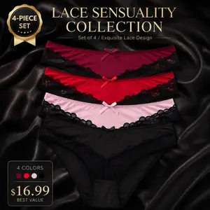 4PCS Soft Cotton Underwear for Women Breathable Lace Trim Panties Women's Hipster Underpants 5 Pack Everyday Comfort