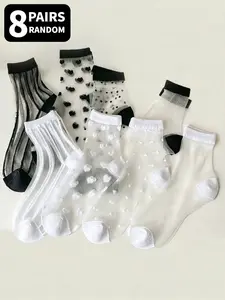 8 pairs of women's checkered printed sheer mid-calf socks, fashionable, casual, comfortable, breathable and Fit mid-calf socks for all seasons, suitable for daily outings