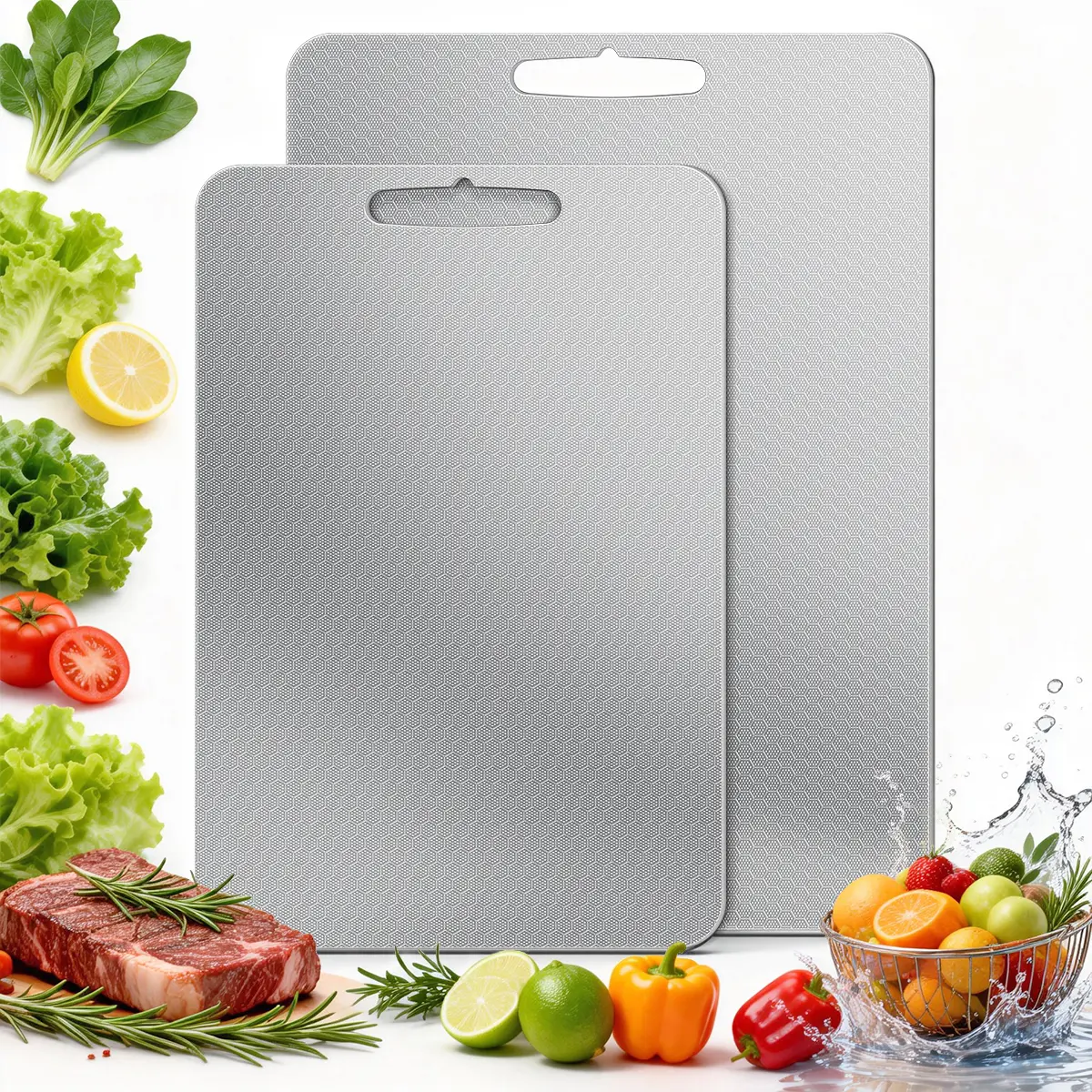 2 Pack Cutting Board , 304 Stainless Steel Non Toxic Cutting Boards for Kitchen, Dishwasher Safe and Hygienic Heavy Duty Chopping Board for Meat Vegetable Fruit