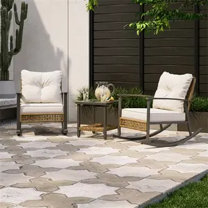 LAUSAINT HOME Modern 3-Piece Oversize Rattan & Metal Rocking Bistro Set, Outdoor Patio Furniture with 2 Seats, Thick Cushions, Load-Bearing 2-Tier Tree Core Top Coffee Table, for Garden, Balcony, Two Seats summerwins