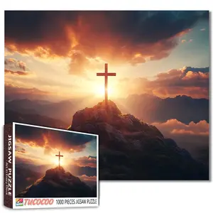 Tucocoo Sacred Sunset Cross Mountain 1000 Pieces Jigsaw Puzzle, spiritual landscape with glowing sky and clouds, relaxing family game stress relief, brain challenge, wall art decor, gift for adults seniors, immersive puzzle experience 27.5x20inch 70x50cm