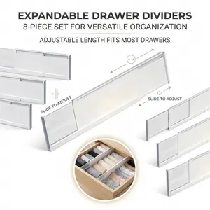 8-piece adjustable drawer divider set, retractable white plastic storage dividers, suitable for wardrobe and cabinet drawer organization.