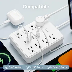 14 Integrated power strip with a switching power supply, featuring a 1.5-meter cable length. It is equipped with 8 AC sockets, 3 USB ports and 3 Type-C ports. Suitable for power sockets in offices, homes and during travel.