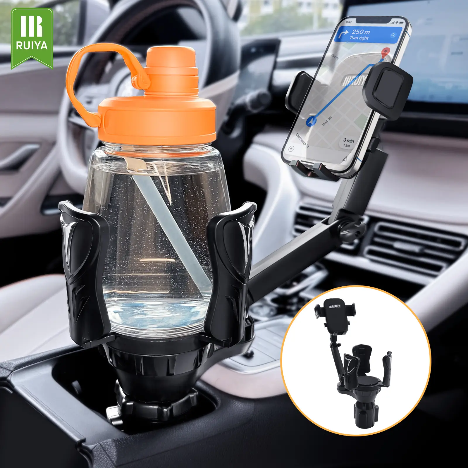 RUIYA Car Cup Phone Holder Adjustable Cup Phone Size For Cars, Treadmills, Sofas, 360° Rotation, Fits Most Bottles & Smartphones