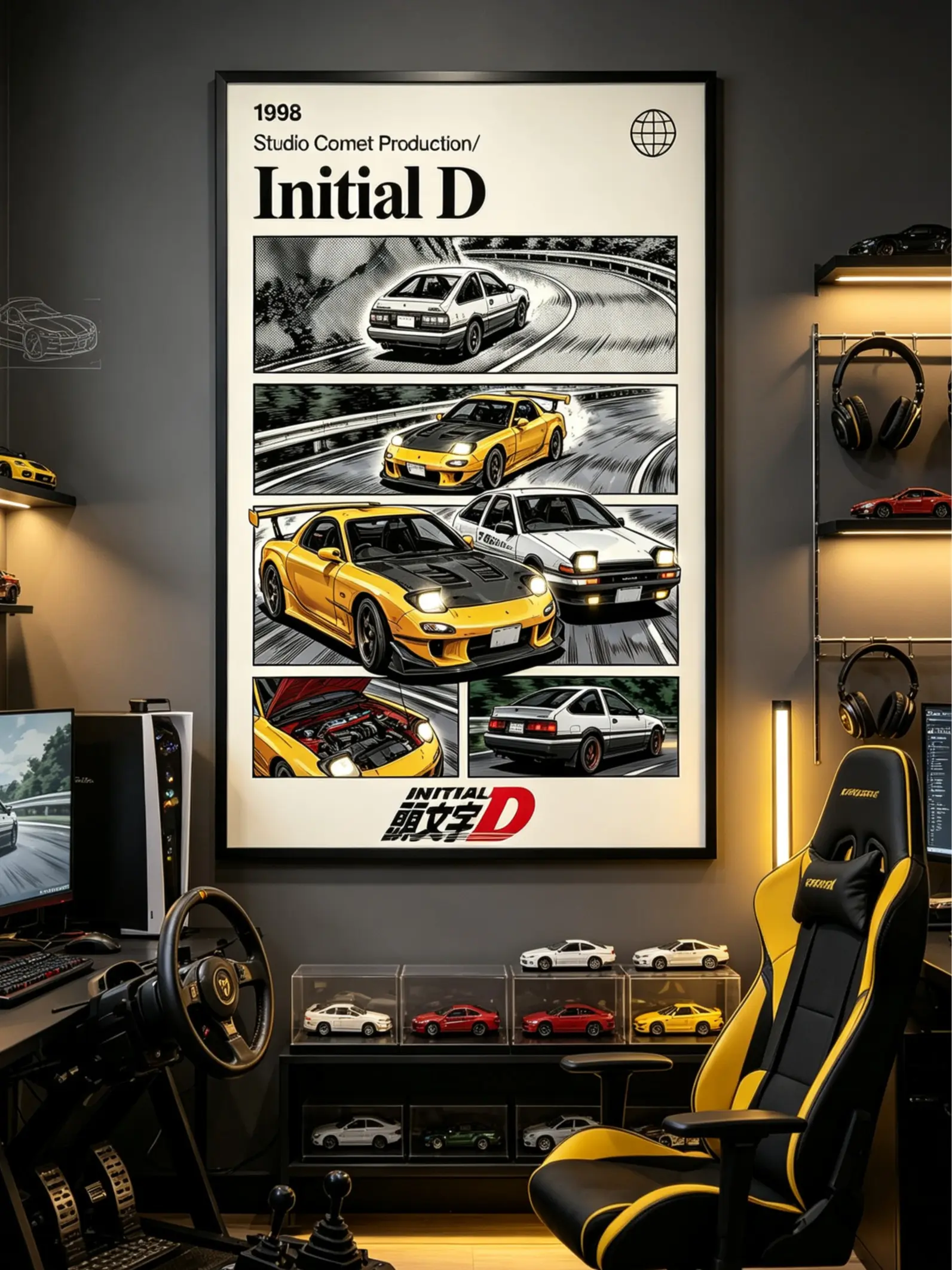 Initial D Classic JDM Anime Car Canvas Poster, Wall Decor Aesthetic, JDM Cars Art Print with/Without Frame for Home Decor