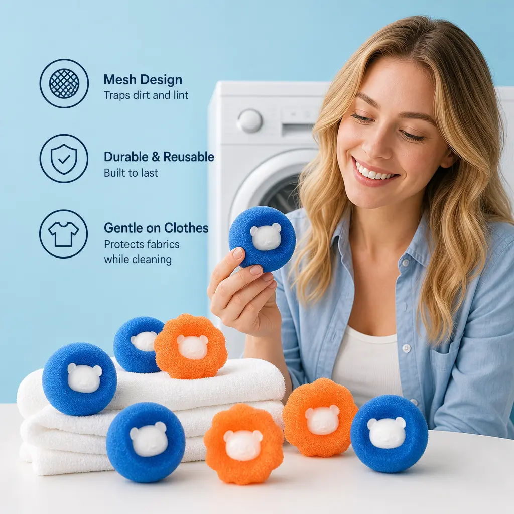 5 Counts Washing Machine Cleaning Sponge Balls, Loofah-like Dense Net Abrasion Resistant Balls for Home Laundry to Remove Lint and Protect Fabrics