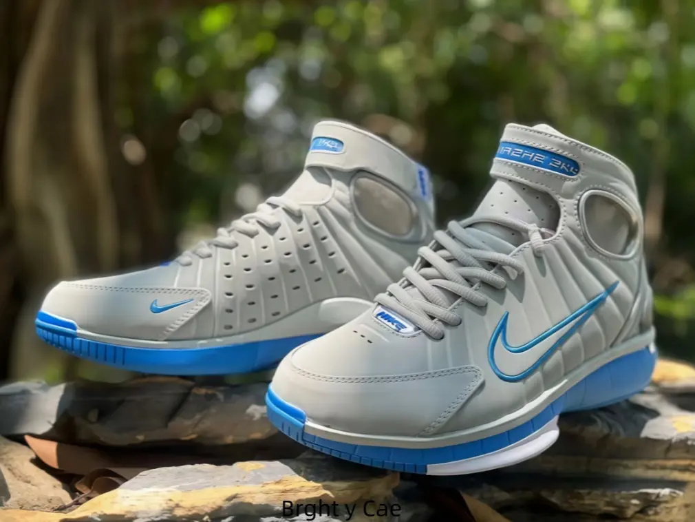 Light Gray Leather High Top Basketball Sneakers Bright Blue Side Graphic Hollow Heel Cushioned Two-Tone Sport Sole