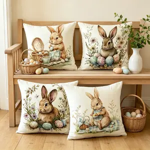 Set of 4 Easter Bunny Pillow Covers 18x18 Inch, Spring Easter Egg Rabbit Decor Throw Cushion Cases for Sofa Home Easter Decoration & Holiday Gift