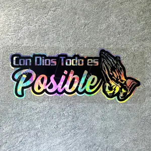 1PC Sacred Slogan Logo Sticker, Decoration Sticker, Graphic Decal, Decorative Decal For Carry Bags, Religious Cultural Products, Personalized Decor, Laser Praying Hands + Spanish Slogan Decor