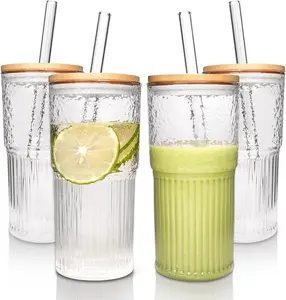 Mason Life 22oz Glass Cups with Lids and Straws - Christmas Gifts for Women Coffee Cups Gifts for Women Drinking Glasses Iced Smoothie Cup Glass Tumbler Water Glasses Ribbed Glassware Clear Cups,for Christmas Deals,Glass Bottles with Lids