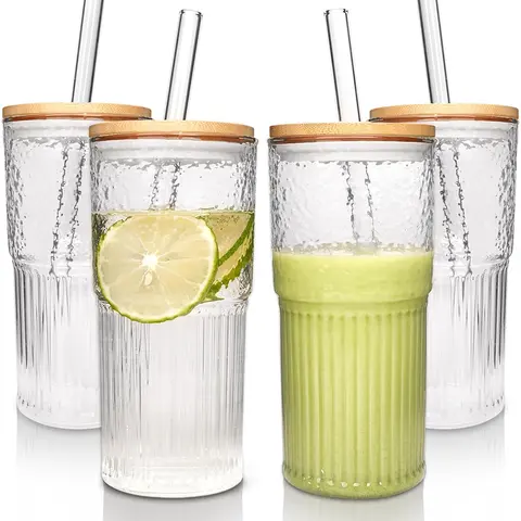 22oz Ribbed Glass Mug Tumbler with Lid and Reusable Straw - Washable Kitchen Drinkware, Cozy Fall Women's Gifts Christmas, for Coffee, Iced Smoothies, Water
