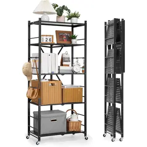 VEVOR 5-Tier Foldable Storage Shelf, 28W x 15D x 64H Inch Folding Metal Rack Shelving Unit, No Assembly Organizer Shelf with 5 Wheels & 4 Hooks for Pantry, Kitchen, Garage, Basement, Black