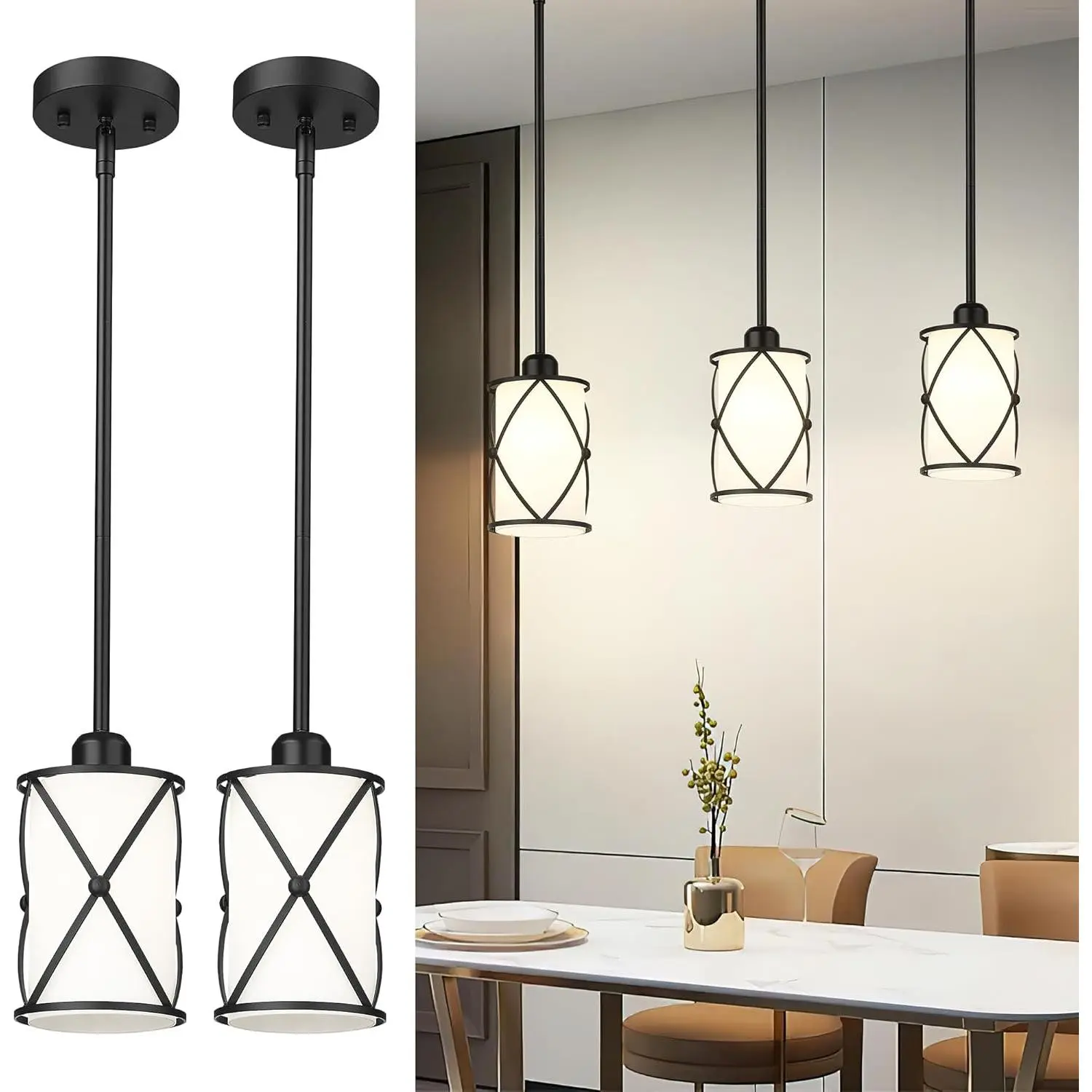 Glass Pendant Lights Kitchen , 2 Pack Modern Black Pendant Light Fixtures with Frosted Glass and Rod, Mid Century Cage Pendant Light for Kitchen Sink Dining Room, CH9176BKW-2PK