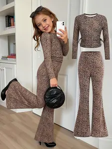 Girls' Four-Season Versatile Set, Knitted Set, Animal Print Set, Leopard Print Knit Top with Ruffle Round Neck, Bell Bottom Pants, Comfortable Casual Outdoor Sports