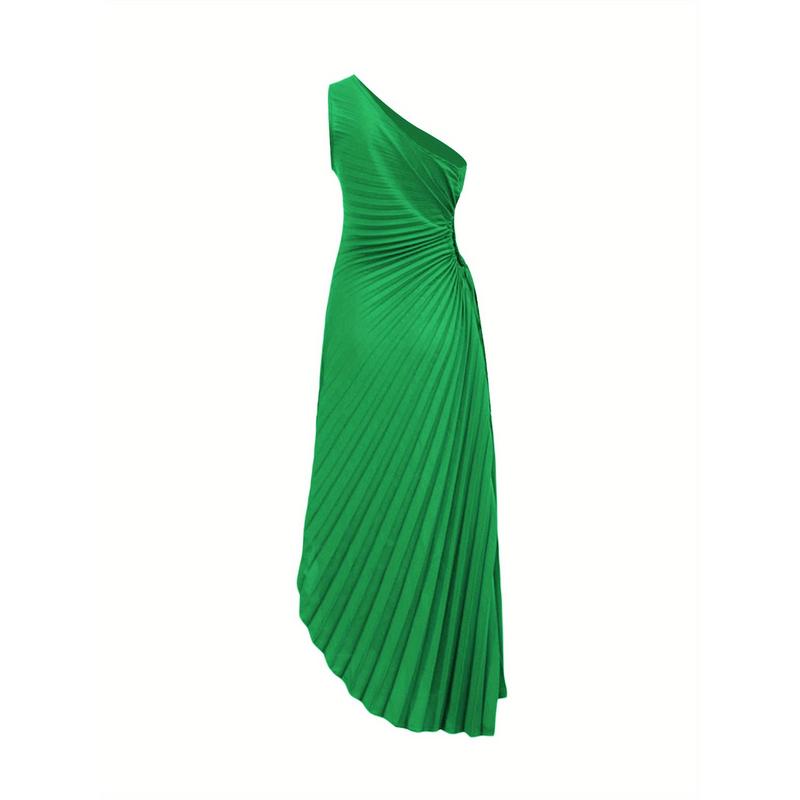 Emerald Green One-Shoulder Pleated Maxi Dress for Women - Sleeveless, Asymmetrical Hem, Floral Print, Perfect for Cocktail Parties & Formal Events, Emerald Dress