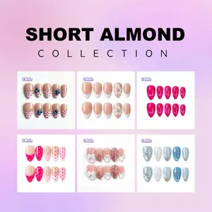G Nails Short Almond Collection 100% Handmade Press On Nails 10 pcs Reusable 3D Floral Design for Holidays Parties Birthdays Office Use