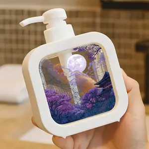 Creative Bathroom Dispenser with Hand Pump, Bathroom Organizer Supplies - Japanese Pagoda & Cherry Blossom Night Scene, Purple Sky Moonlit Landscape, Traditional Art Design for Soap Lotion