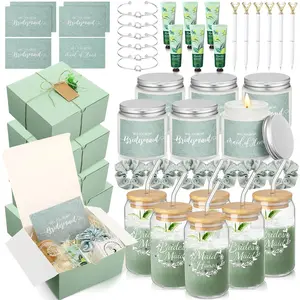 60 Pcs Bridesmaid Proposal Gifts Bridesmaid Box Set, Maid of Honor Gifts Include Box Glass Cup Candle Cards Scrunchies Hair Knotted Bracelets Hand Cream Diamond Pens(Green)