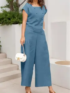 Women's Solid Button Front Top & Wide Leg Pants Two-piece Set, Casual Short Sleeve Top & Pants for Summer, 2 Piece Sets Women, Ladies Clothes for Daily Wear